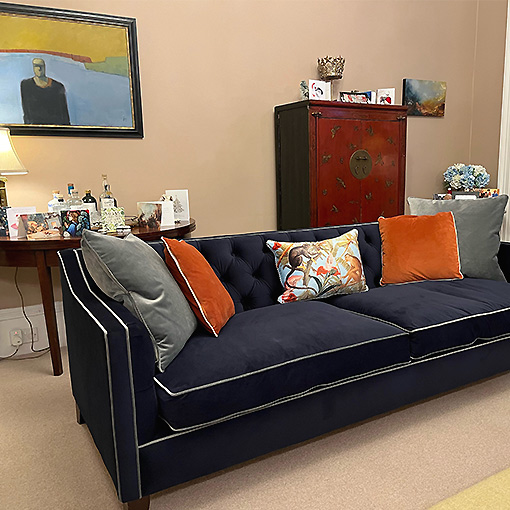 Haresfield 4 Seater Dipped Arm in House Velvet Passione Indigo with contrasting Scatters and piping in Linwood Omega Steel